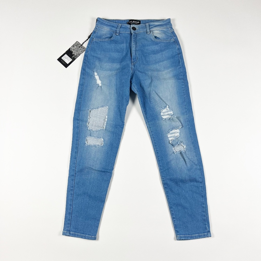 NEW Fit Jeans Traditional Mom V2 Super Ripped High Waisted Denim Arctic Blue M